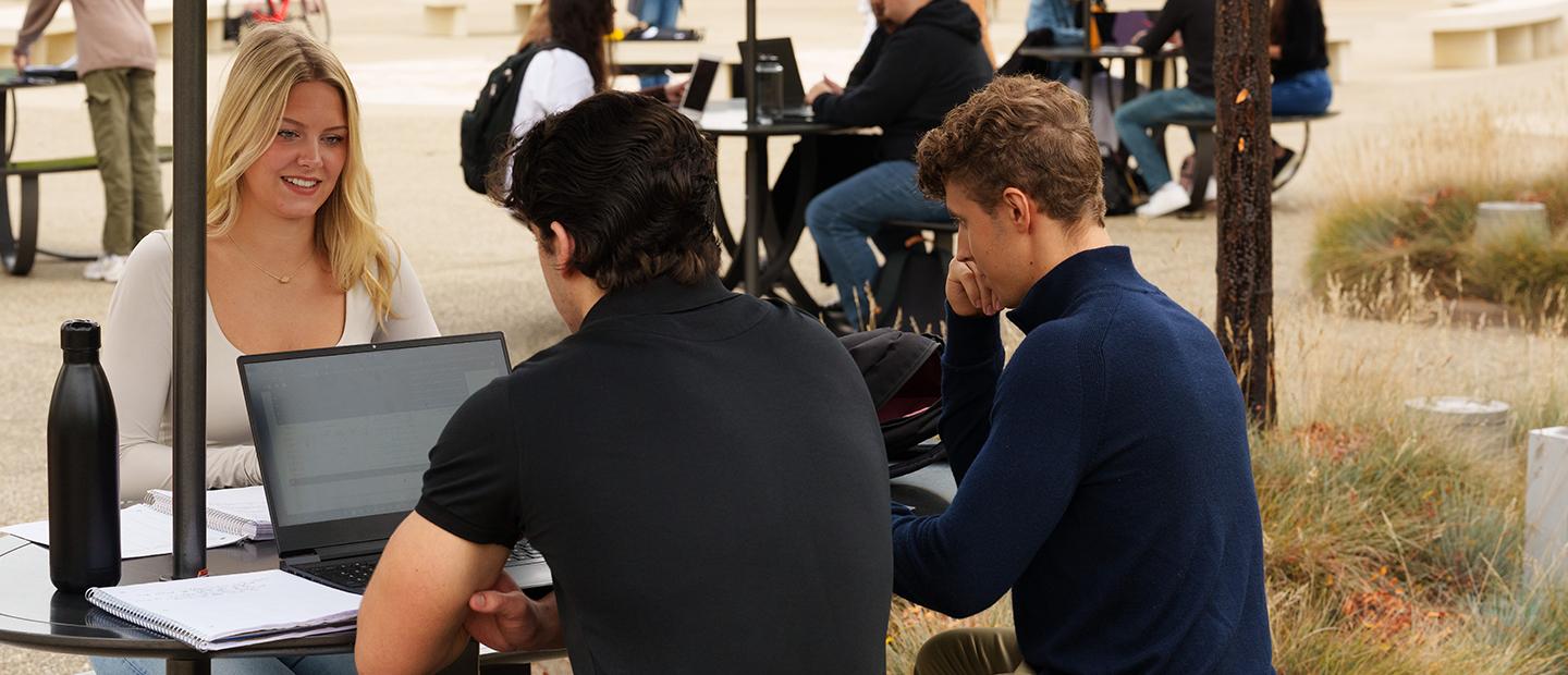 Students using laptops at tables outside